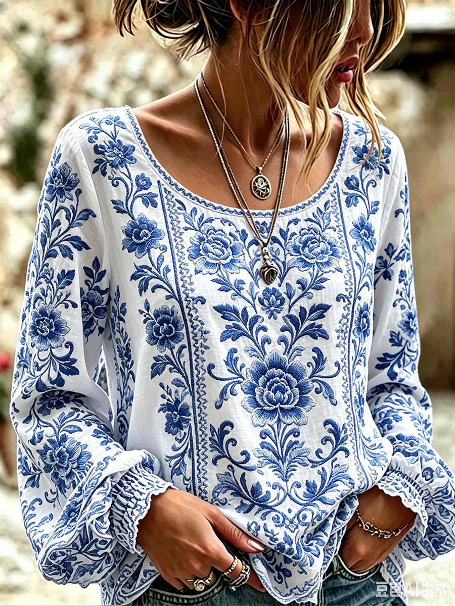 Women's Blue and White Floral Print Casual T-shirt
