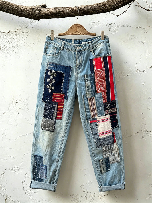 Women's Vintage Colorful Japanese Sashiko Patchwork Print Jeans