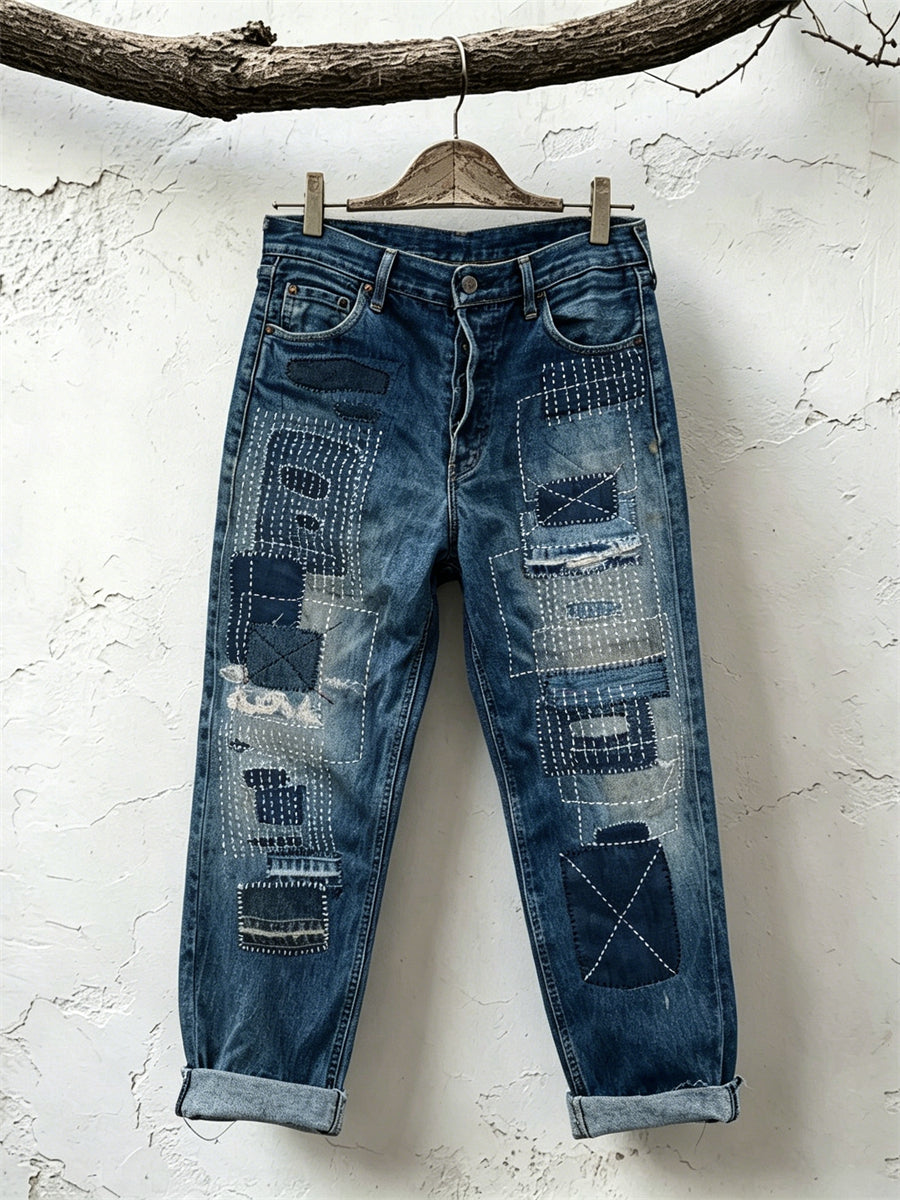 Women's Vintage Japanese Sashiko Texture Art Print Jeans