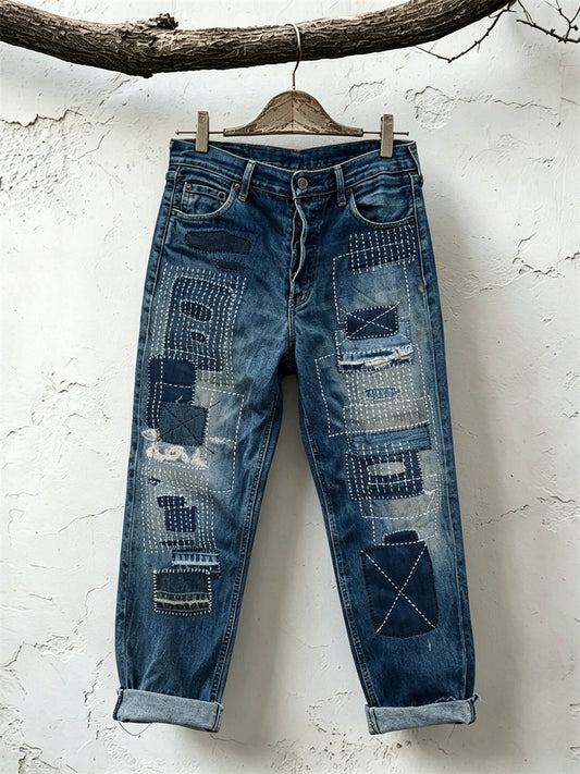 Women's Vintage Japanese Sashiko Texture Art Print Jeans