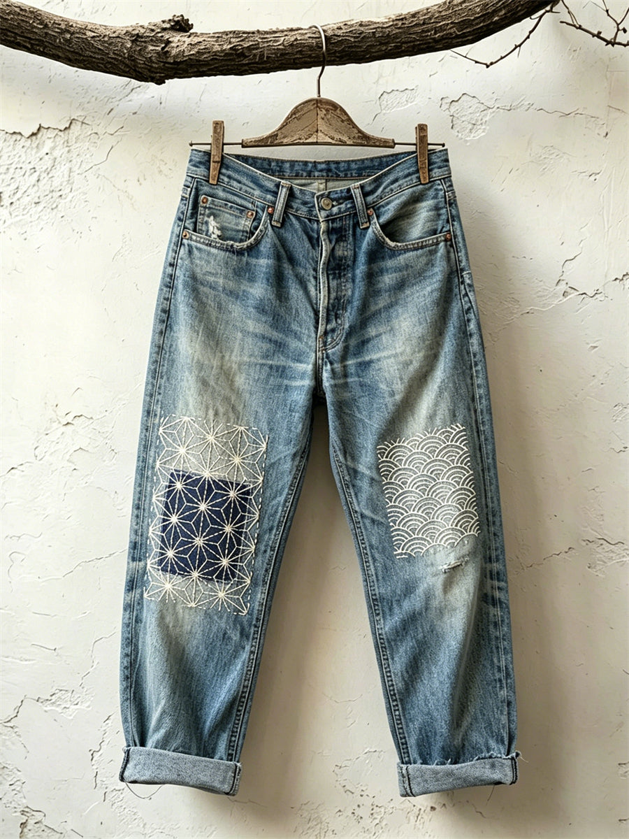 Women's Vintage Japanese Sashiko Patch Art Print Jeans