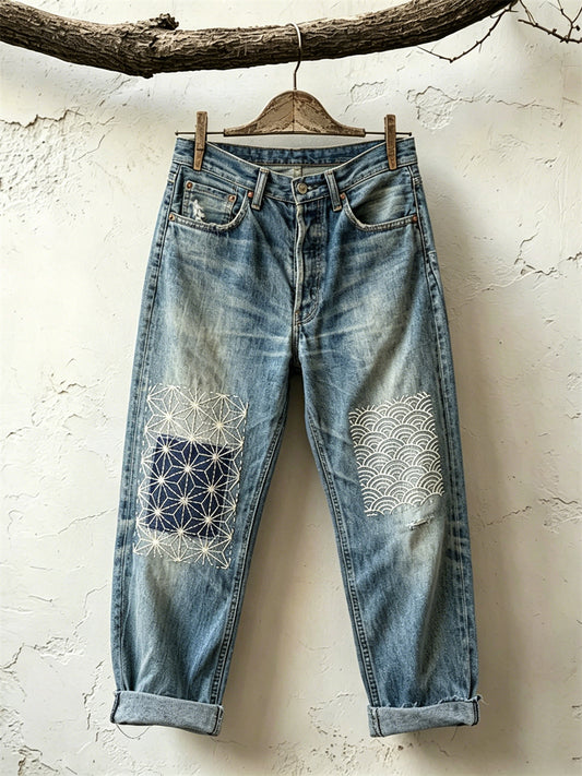 Women's Vintage Japanese Sashiko Patch Art Print Jeans