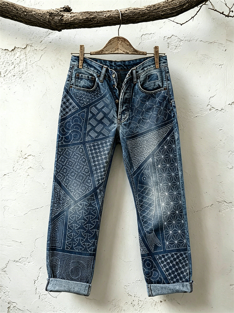 Women's Vintage Japanese Sashiko Art Print Jeans