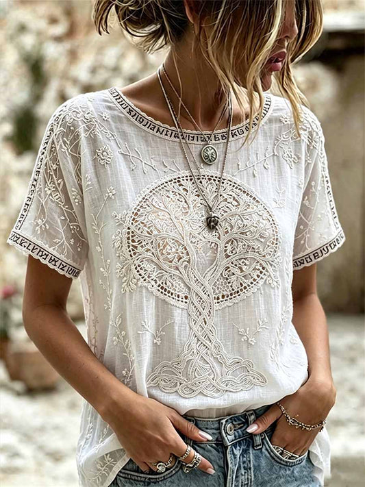 Women's Romantic Floral Viking Art Print Casual T-Shirt