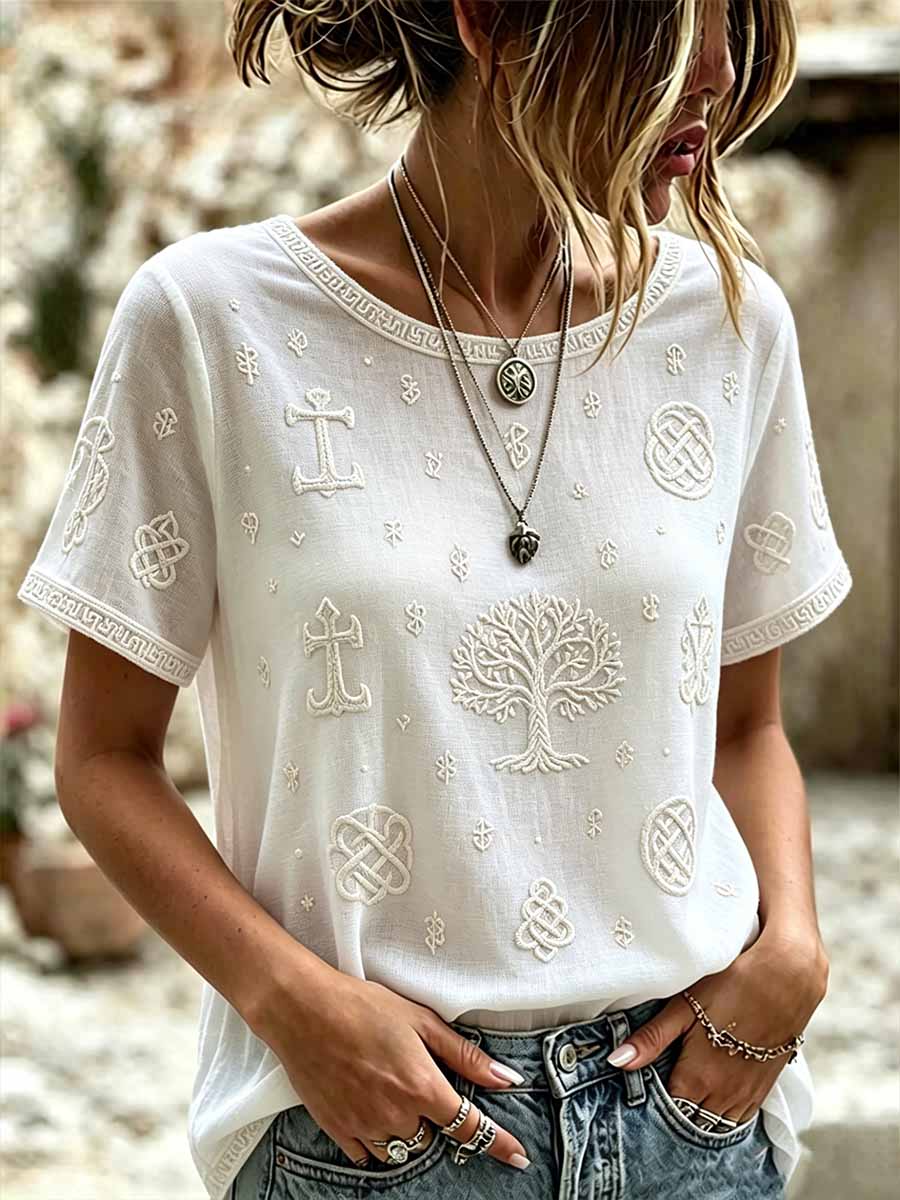 Women's Romantic Floral Viking Art Print Casual T-Shirt