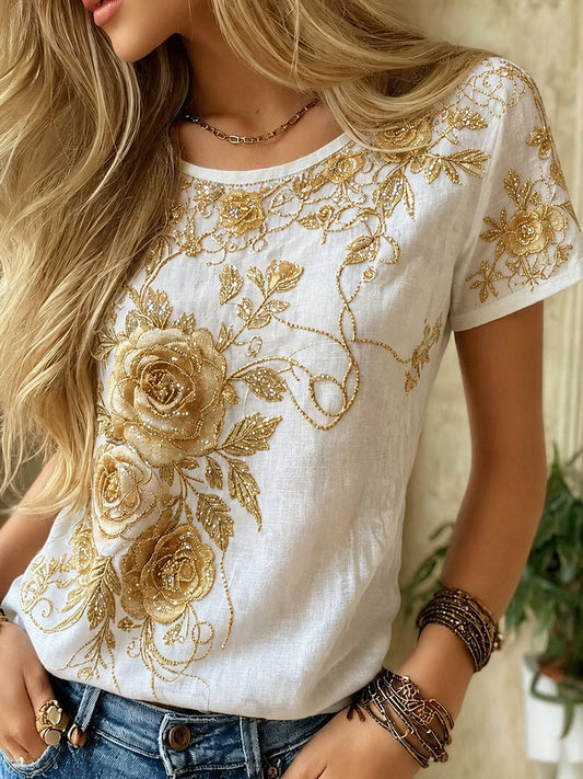 Women's Vintage Floral Art Print Casual Cotton-Linen Top