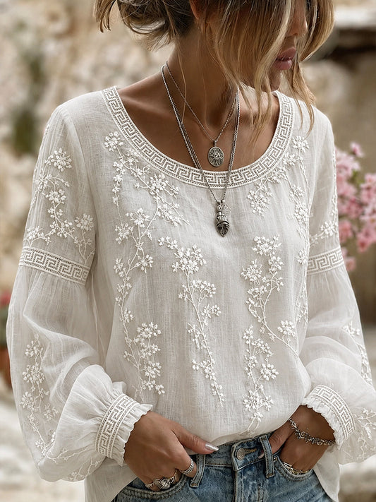 Women's Vintage Floral Art Print Casual Cotton-Linen Top