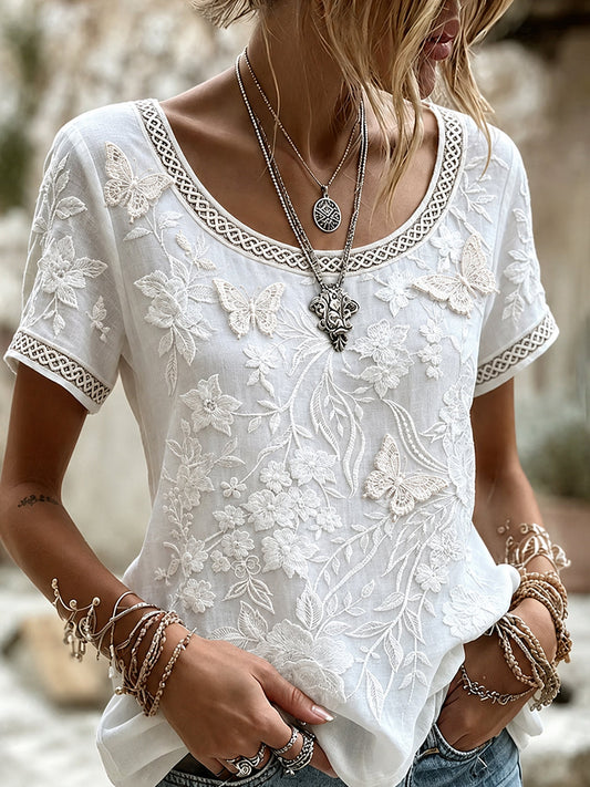 Women's Vintage Floral Art Print Casual Cotton-Linen Top