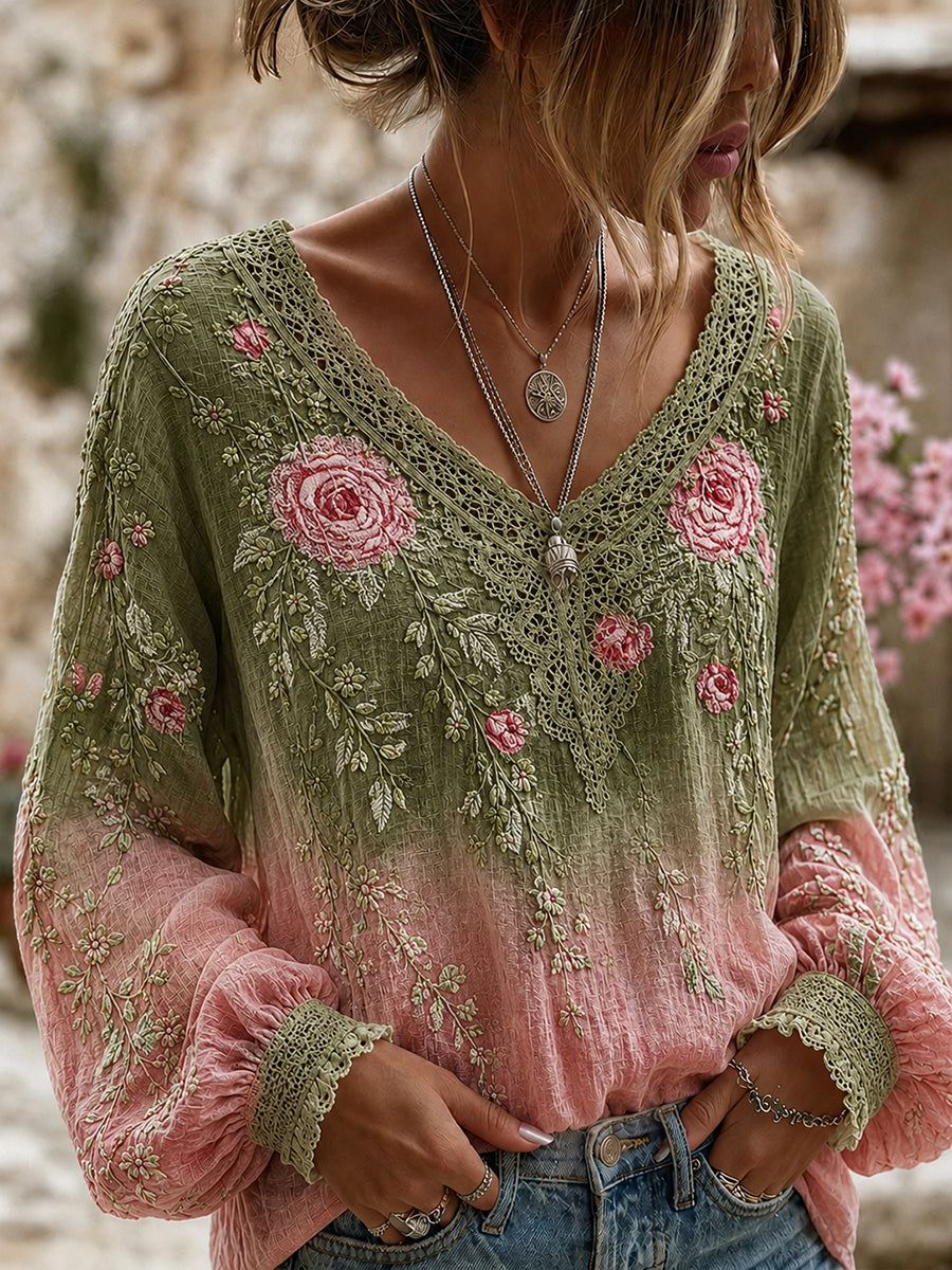 Women's Vintage Floral Art Print Casual Cotton-Linen Top