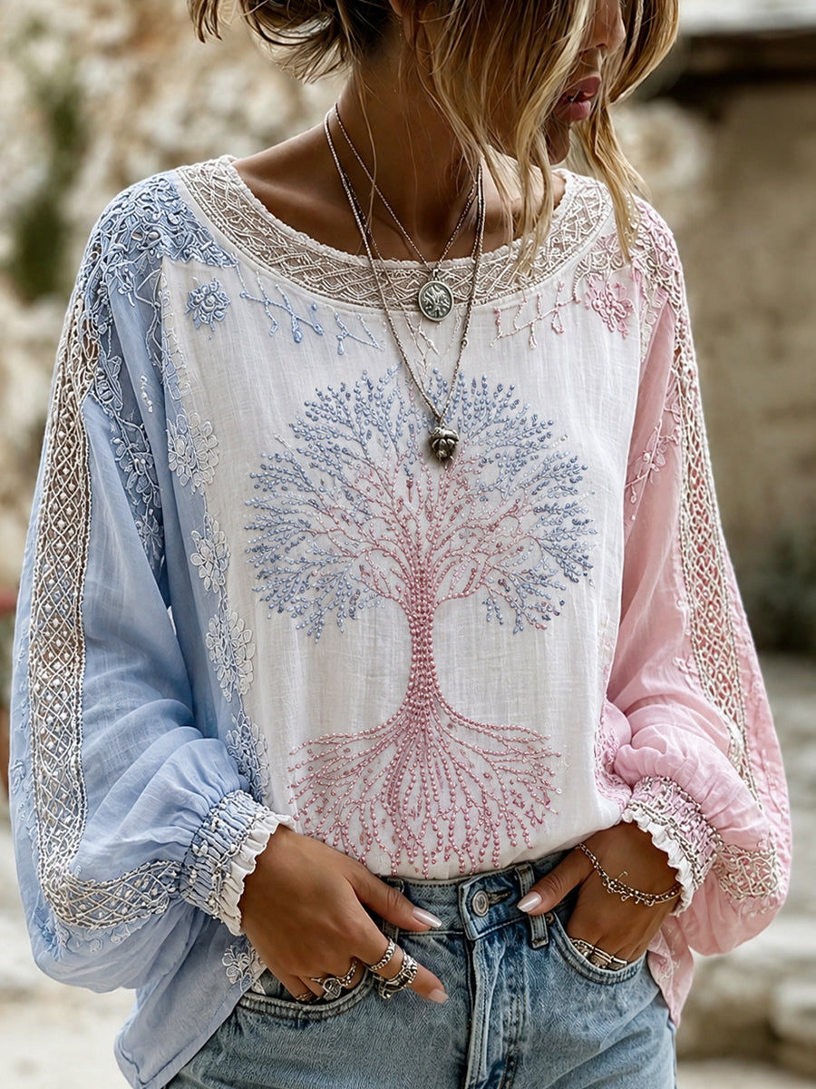 Women's Vintage Floral Art Print Casual Cotton-Linen Top