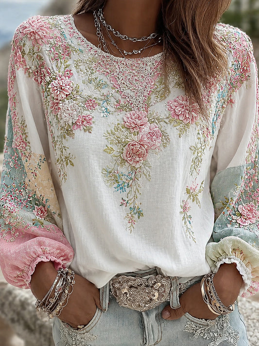 Women's Vintage Floral Art Print Casual Cotton-Linen Top
