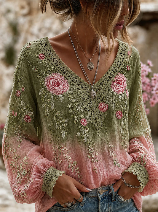 Women's Vintage Floral Art Print Casual Cotton-Linen Top