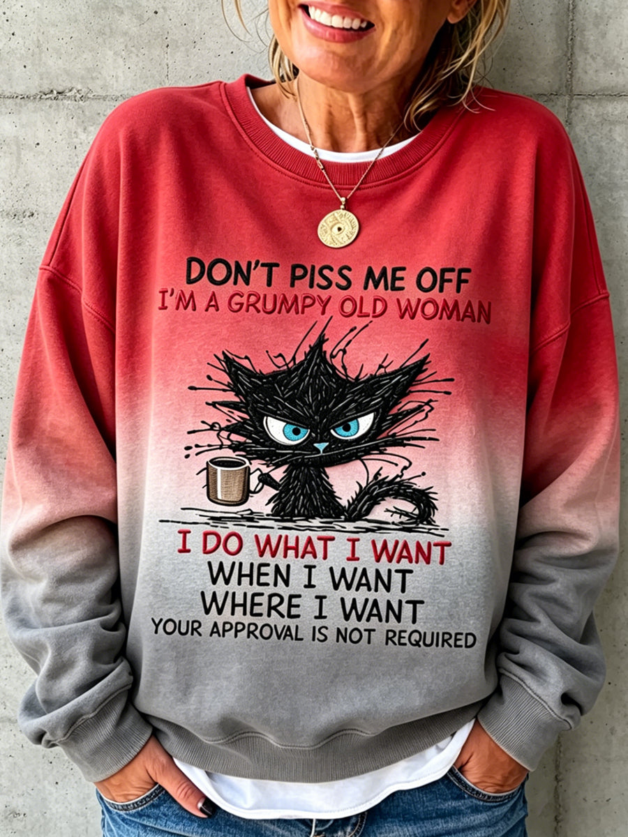 Women's Grumpy Old Woman Print Round Neck Long Sleeved Sweatshirt