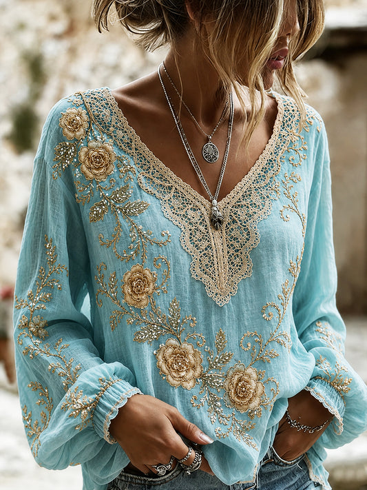 Women's Vintage Floral Art Print Casual Cotton-Linen Top