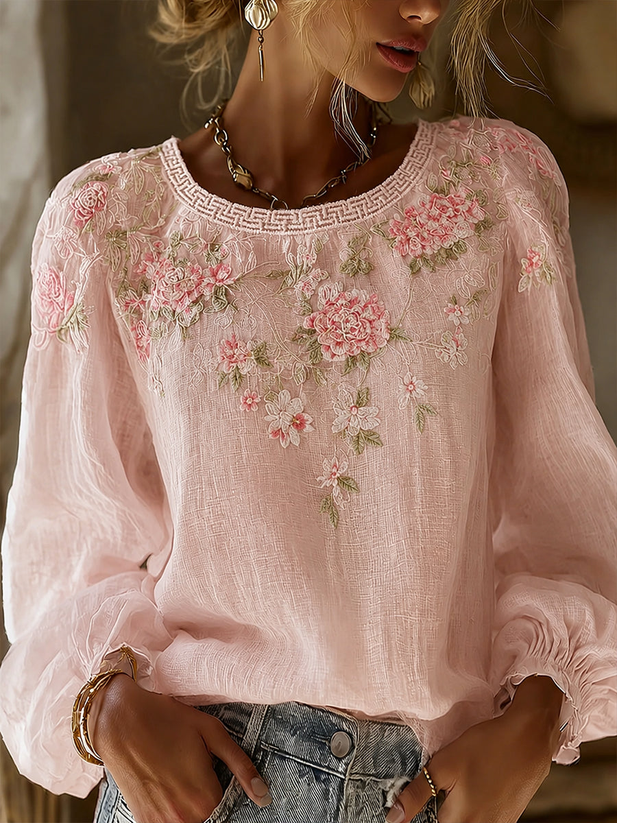 Women's Vintage Floral Art Print Casual Cotton-Linen Top