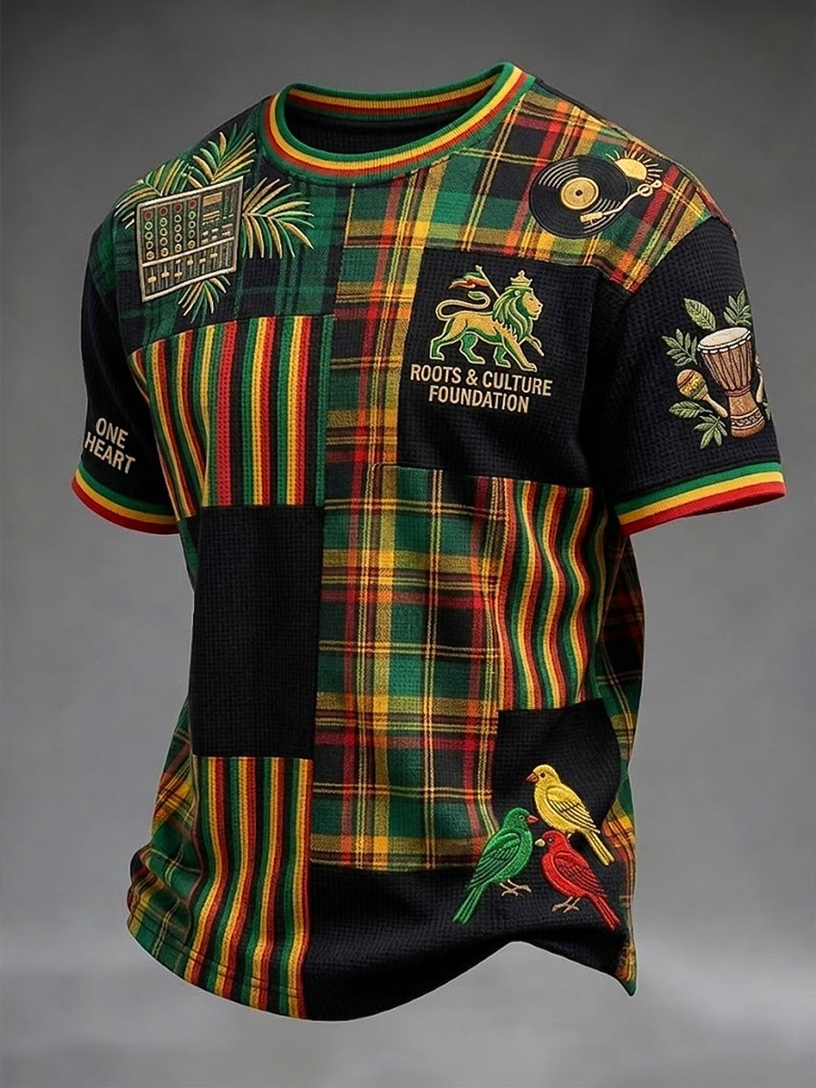 Retro Reggae-Inspired Checkered Patchwork Casual Waffle-Weave T-Shirt