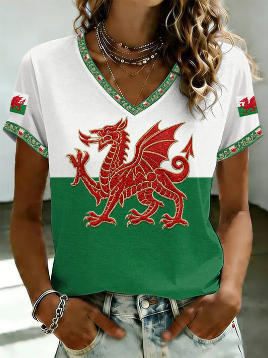 Women's Welsh Dragon Printed V-neck T-shirt