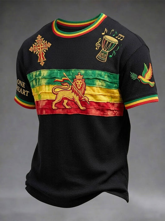 Patchwork Casual Waffle-Weave T-Shirt for Retro Reggae Fans
