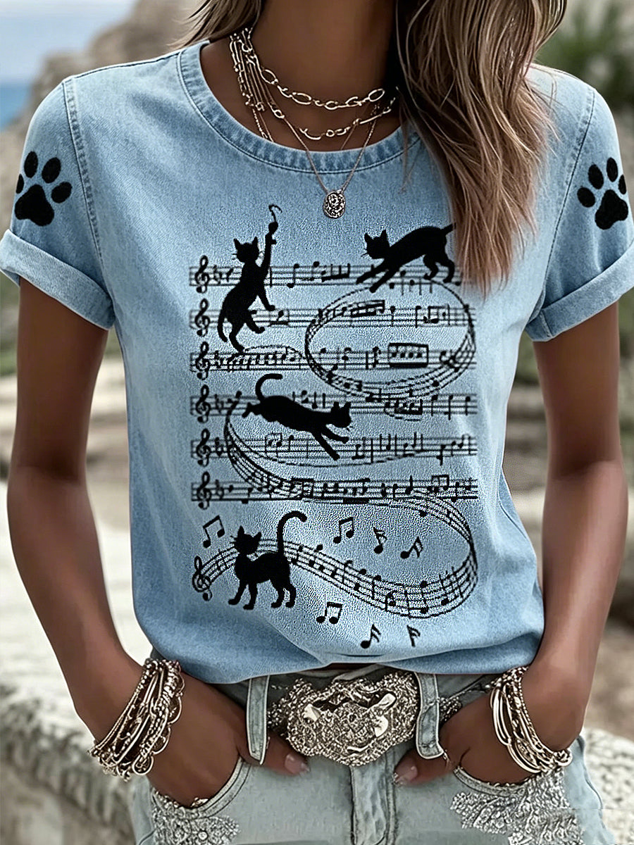 Women's Animal Music Cat Printed Vintage Fashion Loose Short Sleeve T-Shirt