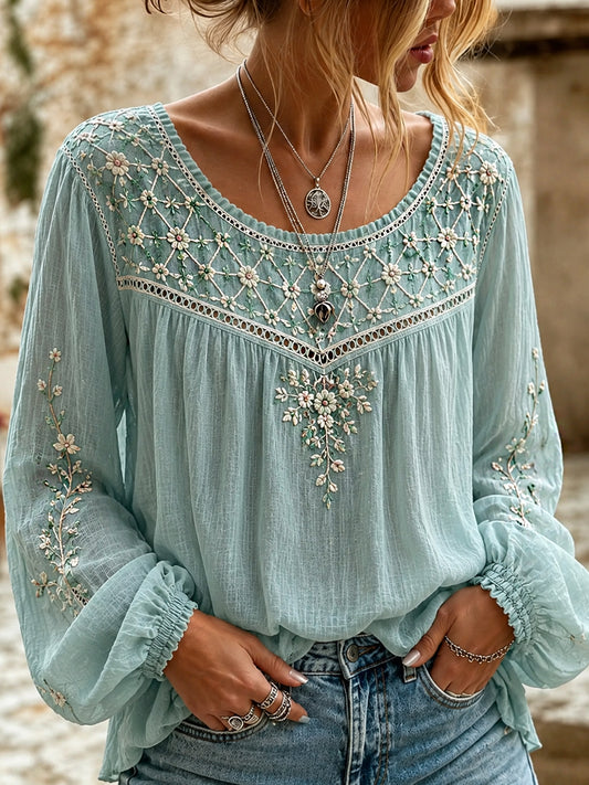 Women's Vintage Floral Art Print Casual Cotton-Linen Top