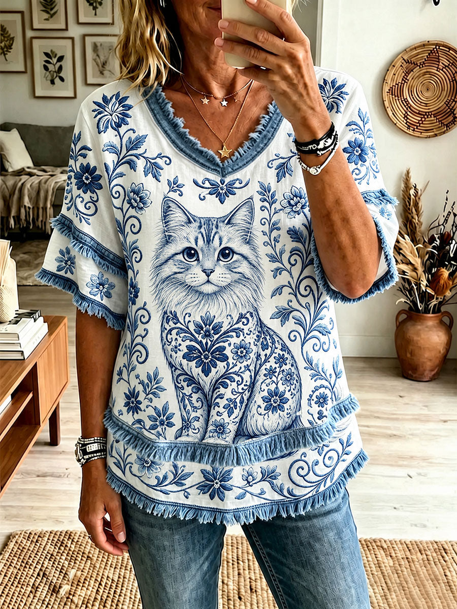 Women's Cat Floral V-Neck Tops