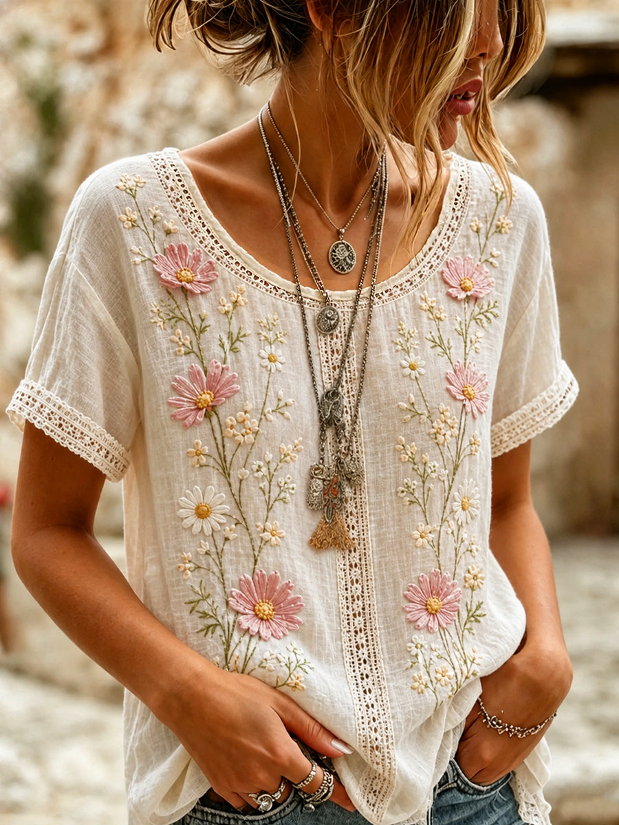 Women's Vintage Floral Art Print Casual Cotton-Linen Top