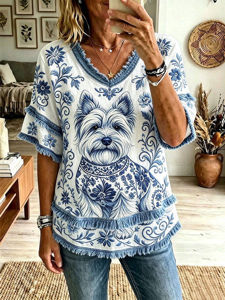 Women's Dog Floral V-Neck Tops