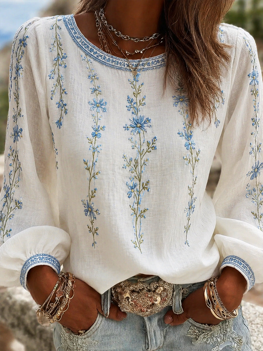 Women's Vintage Floral Art Print Casual Cotton-Linen Top