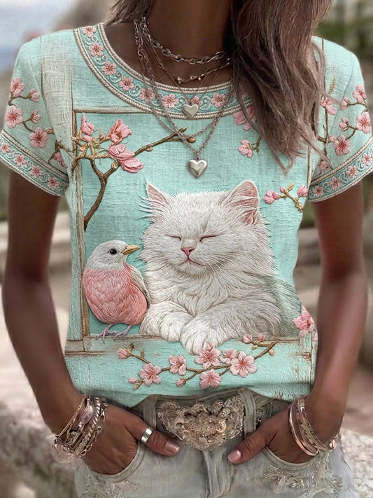 Women's Cat Floral Art Pattern Crew Neck Short Sleeve Linen Top