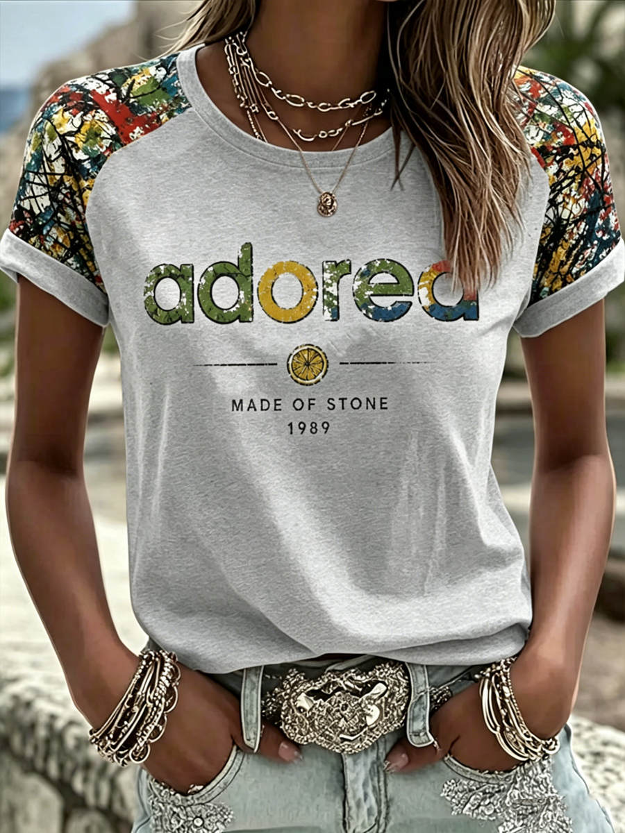 Women's Lemon Roses Music Lover Printed round neck short sleeve T-shirt