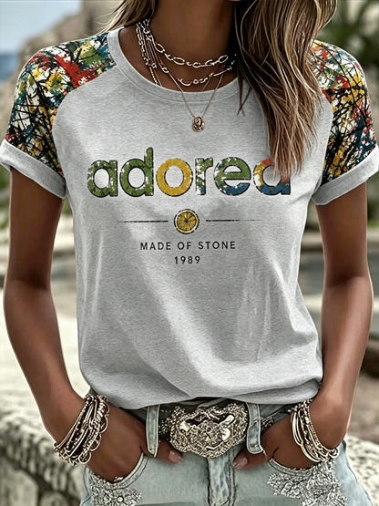 Women's Lemon Roses Music Lover Printed round neck short sleeve T-shirt