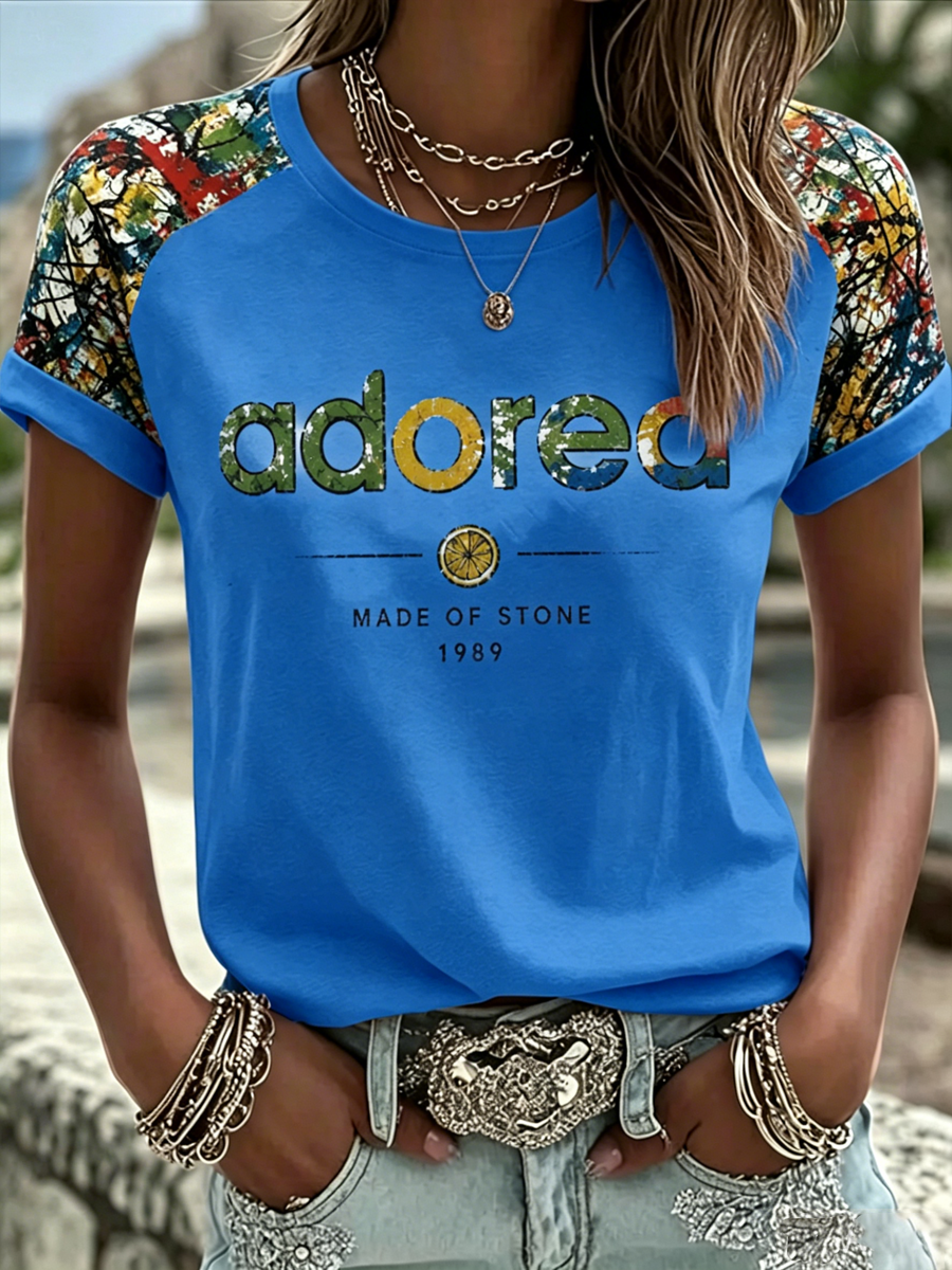 Women's Lemon Roses Music Lover Printed round neck short sleeve T-shirt
