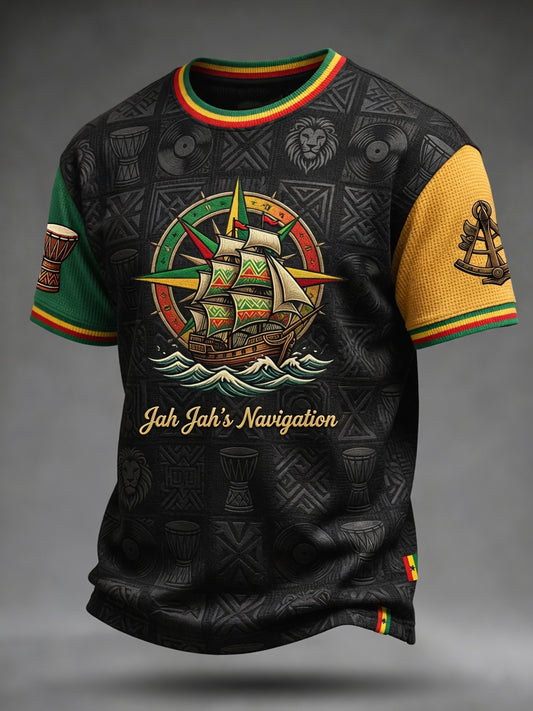 Retro Reggae-Inspired Textured Casual Waffle-Weave T-Shirt