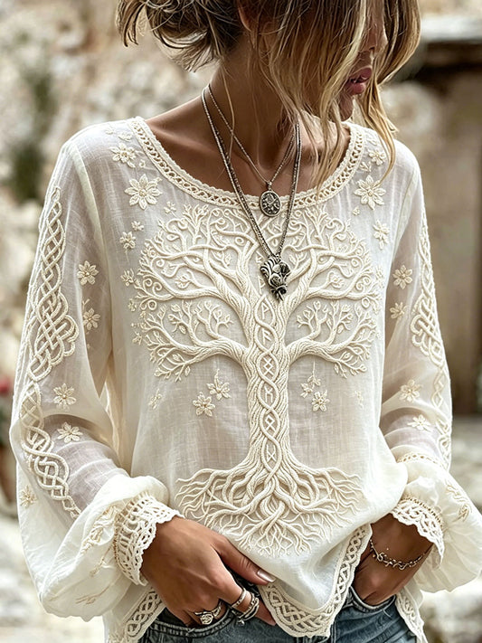 Women's Viking Celtic Knot Tree Of Life Print Cotton-Linen Shirt