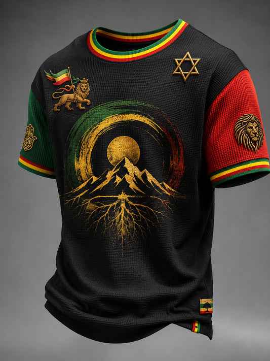 Retro Reggae Patchwork Casual Waffle-Weave T-Shirt