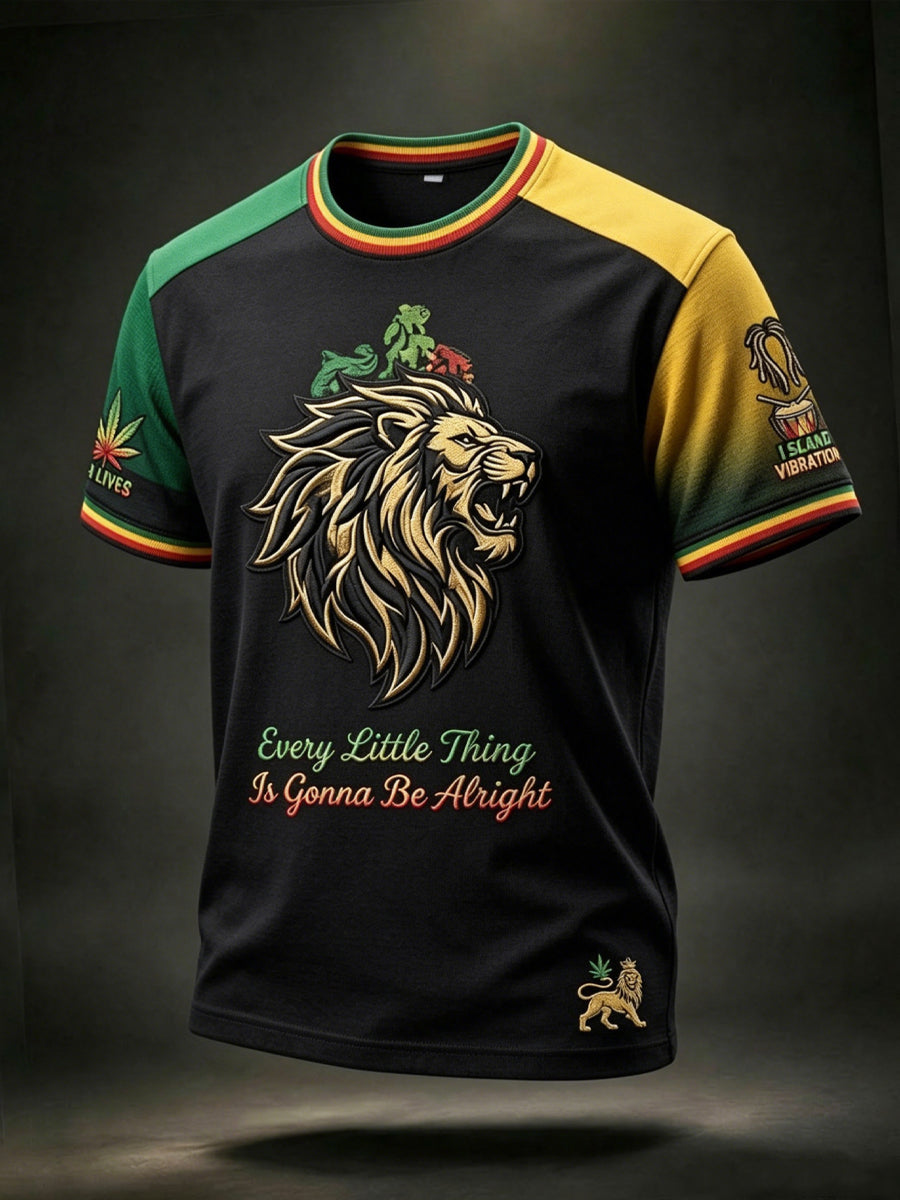 Retro Reggae Lion Art Patchwork Casual T-Shirt