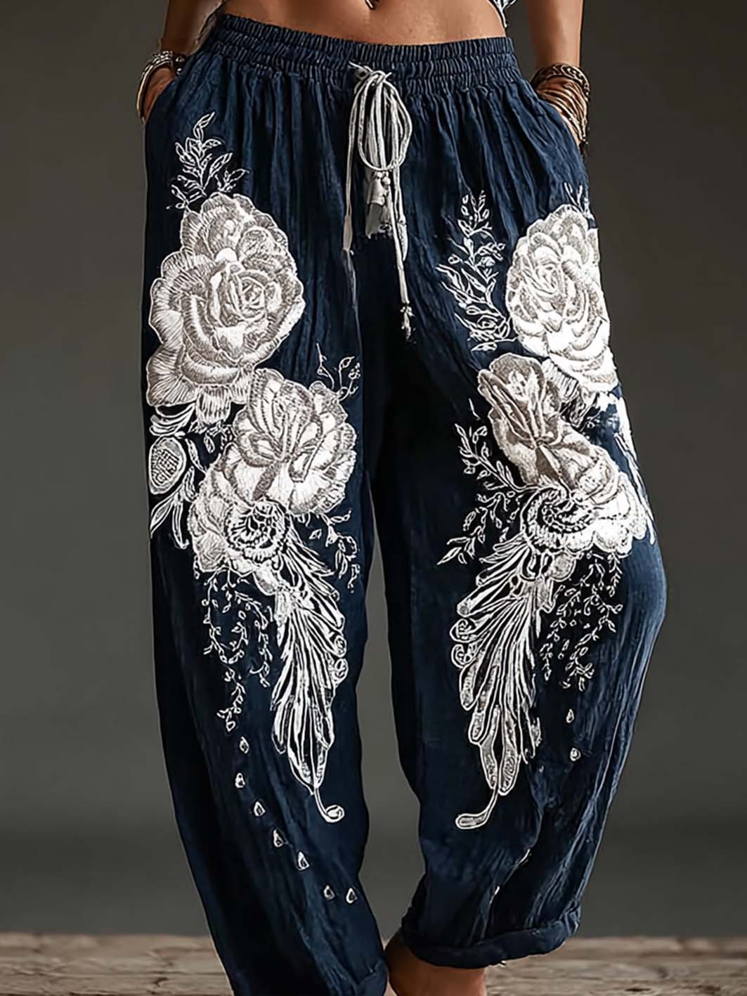 Women's floral embroidery pattern printed casual cotton linen nine-minute trousers
