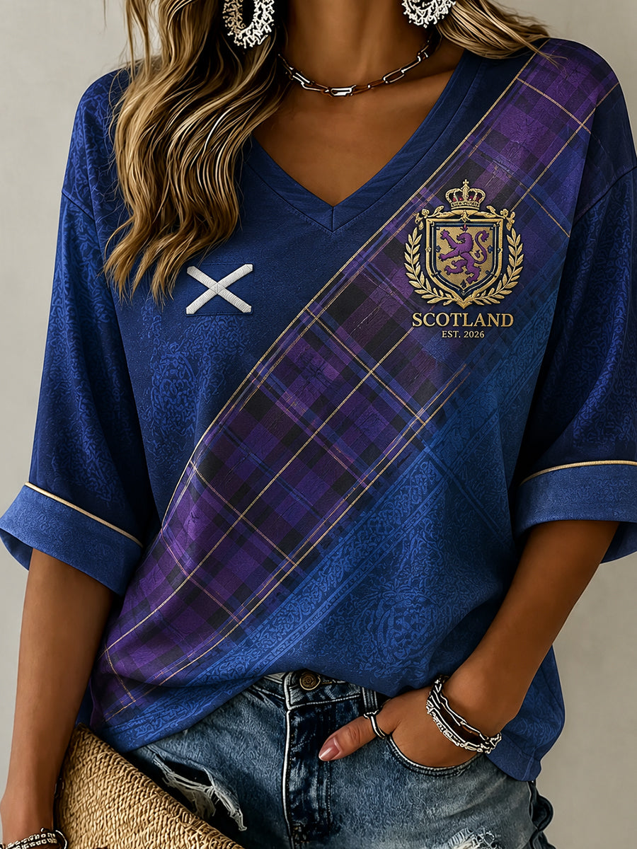 Women's Scotland Football Pattern Linen V-Neck Shirt