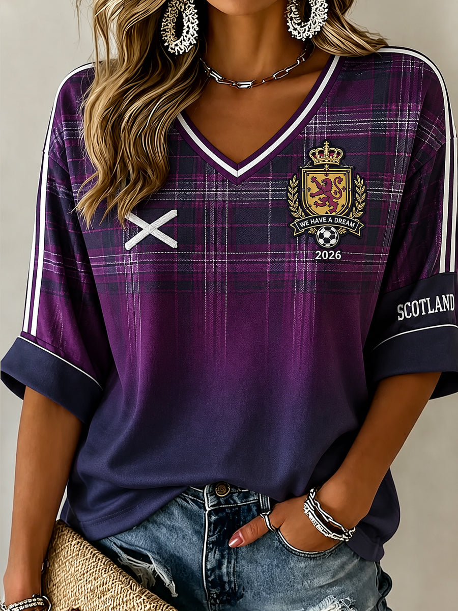 Women's Scotland Football Pattern Linen V-Neck Shirt
