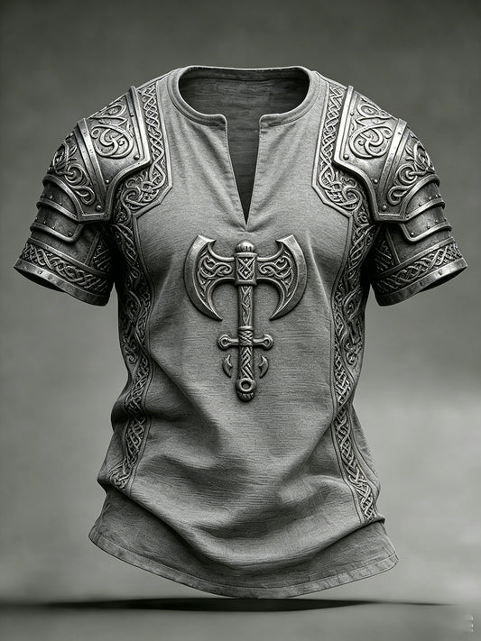 Men's Retro Viking Element Print V-Neck Short-Sleeve Top