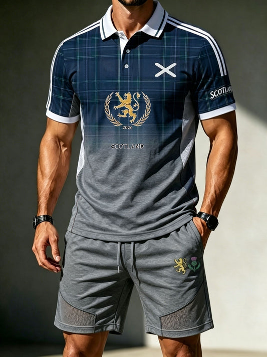 Men's Retro UK Scotland Football Lover 2026 Print Casual Polo & Shorts Set