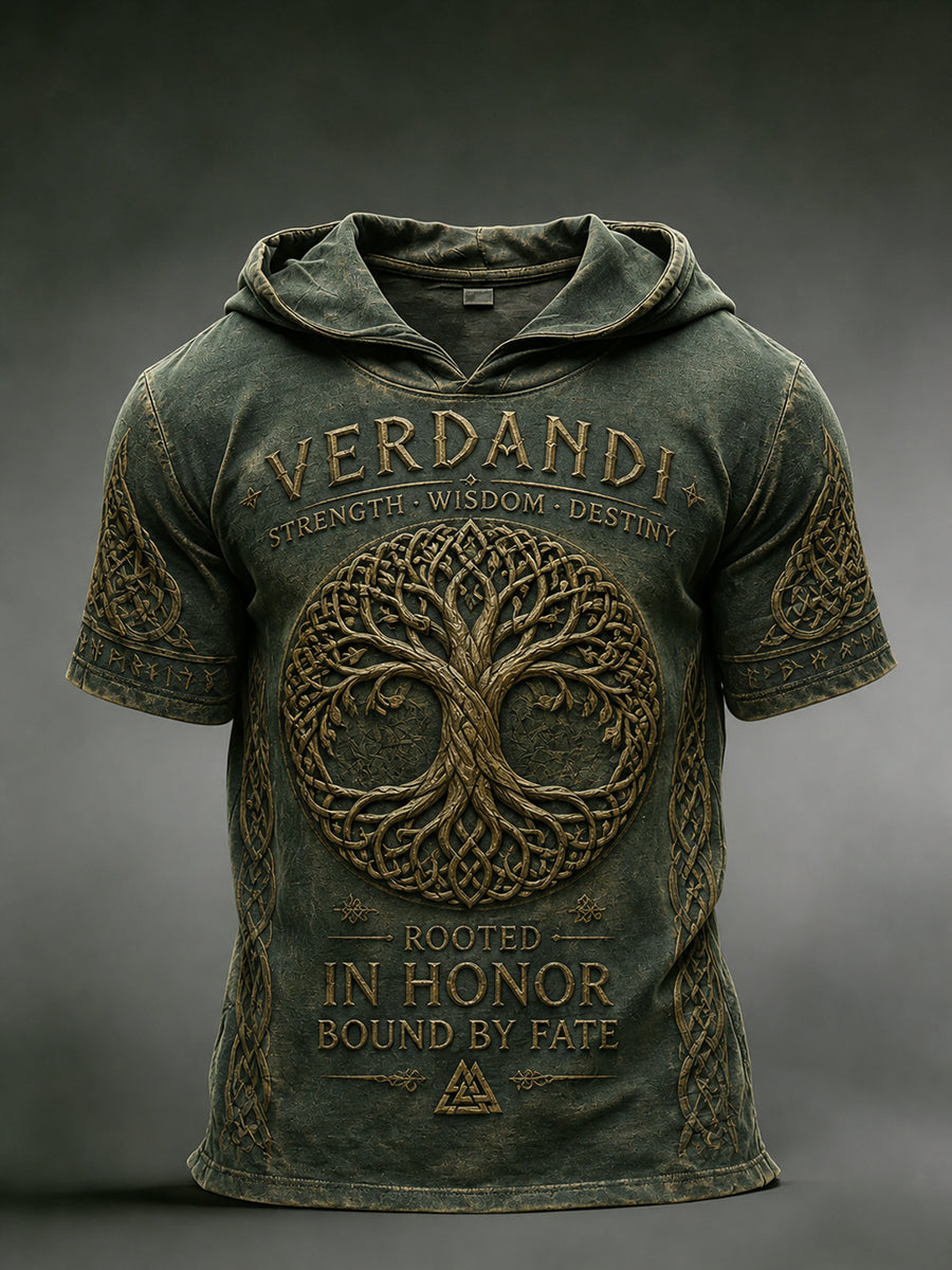 Men's Retro Viking Print Short-Sleeve Hooded Sweatshirt