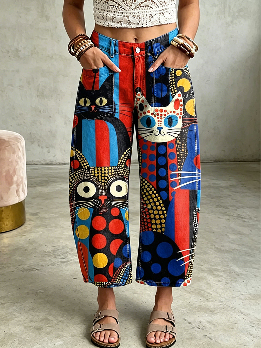 Women's Animal Cat Art Print Pocketing Trousers