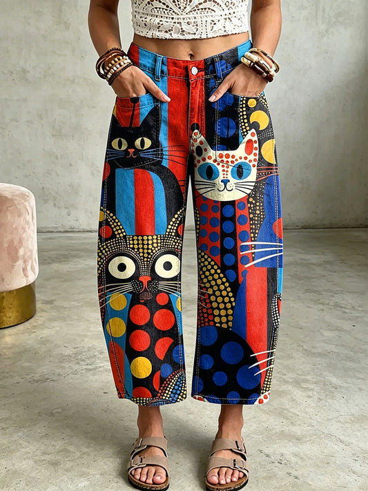 Women's Animal Cat Art Print Pocketing Trousers
