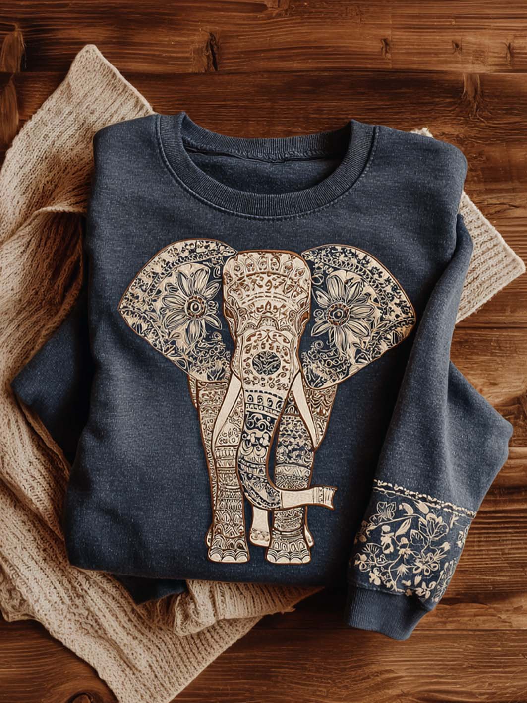 Women's bohemian floral elephant pattern printed casual sweatshirt