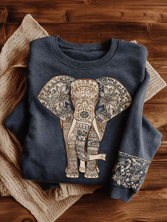Women's bohemian floral elephant pattern printed casual sweatshirt