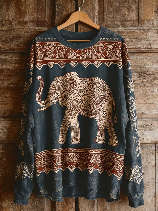 Women's bohemian floral elephant pattern printed casual sweatshirt