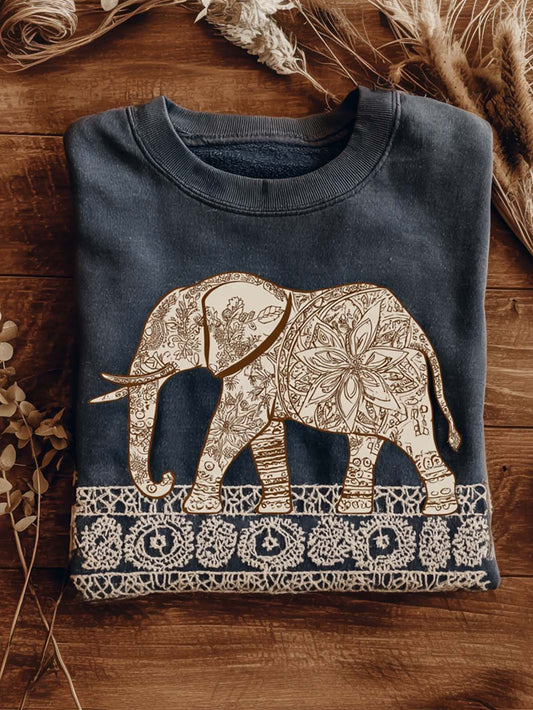 Women's bohemian floral elephant pattern printed casual sweatshirt
