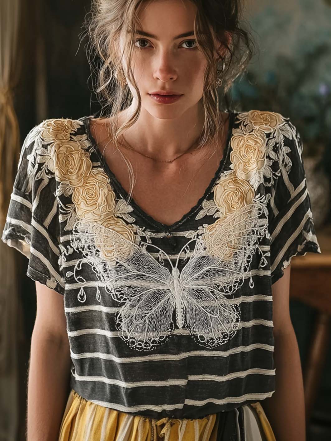 Women's striped color-blocking design butterfly floral pattern print linen short-sleeved T-shirt