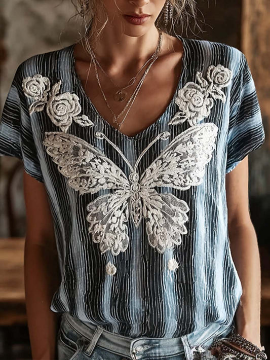 Women's striped color-blocking design butterfly floral pattern print linen short-sleeved T-shirt